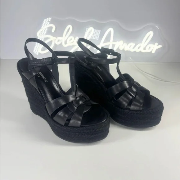 Saint Laurent Tribute Wedge Espadrilles Black Leather Platform Designer Sandals - Picture 3 of 10